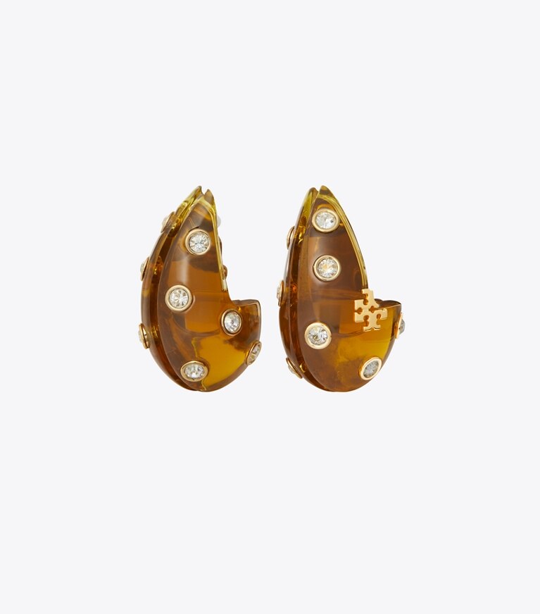 Tory Burch diseñador aretes Aros Pierced en Brown / Crystal detalle