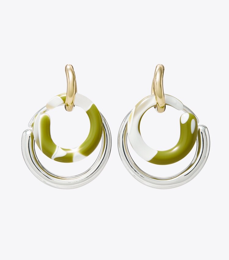 Tory Burch diseñador aretes Aros Pierced en Light Silver / Light Brass / Green Swirl frente