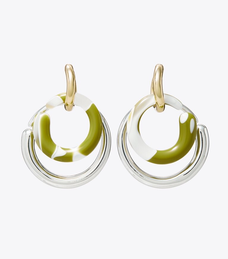 Tory Burch diseñador aretes Aros Pierced en Light Silver / Light Brass / Green Swirl frente