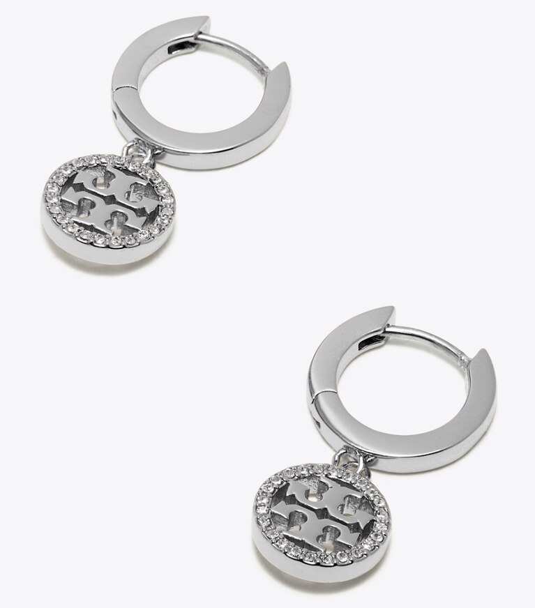 Tory Burch diseñador aretes Aros tipo argolla con pavé Icon en Tory Silver / Crystal detalle