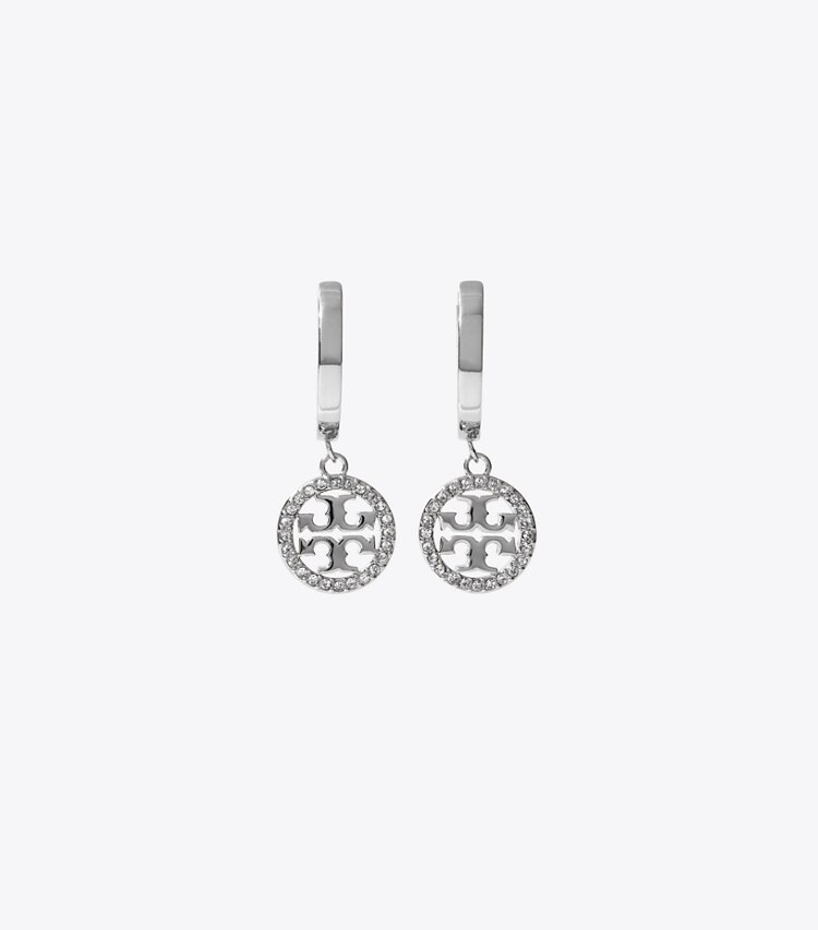 Tory Burch diseñador aretes Aros tipo argolla con pavé Icon en Tory Silver / Crystal frente