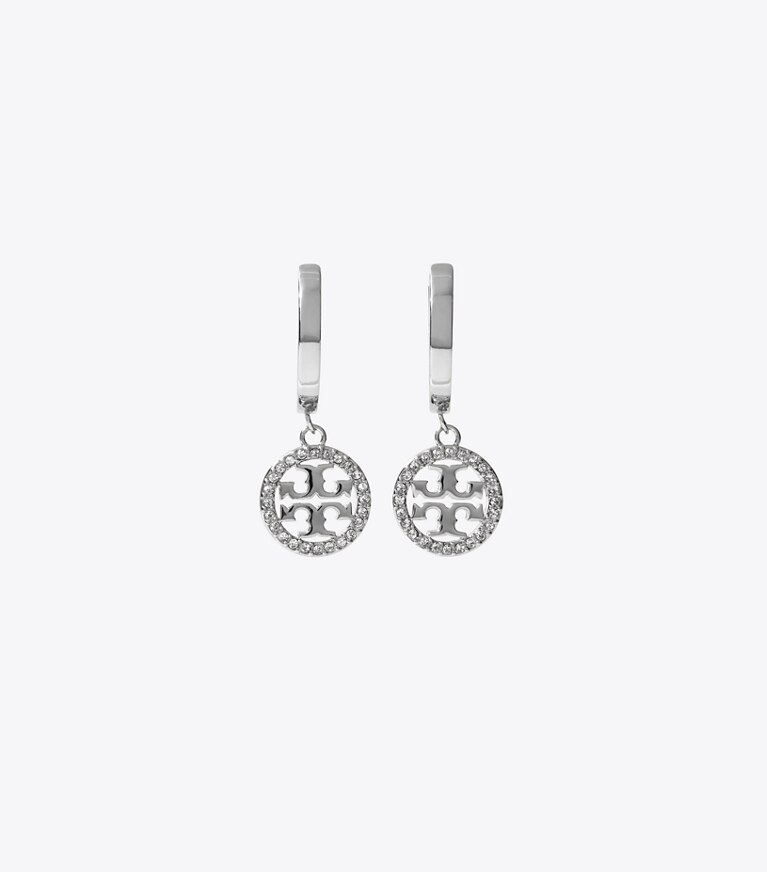 Tory Burch diseñador aretes Aros tipo argolla con pavé Icon en Tory Silver / Crystal frente