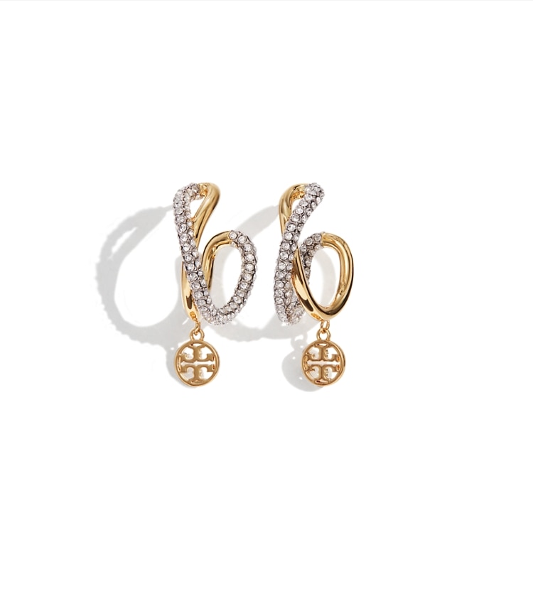 Tory Burch diseñador pendientes Aros tipo argolla cruzados Icon en Light Silver / Light Brass / Crystal adicional