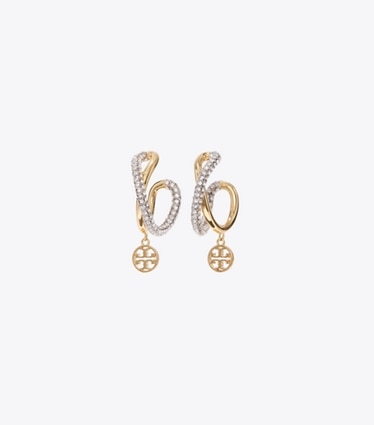 Tory Burch diseñador pendientes Aros tipo argolla cruzados Icon en Light Silver / Light Brass / Crystal frente