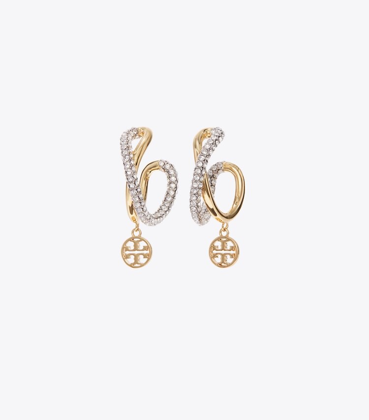 Tory Burch diseñador pendientes Aros tipo argolla cruzados Icon en Light Silver / Light Brass / Crystal frente