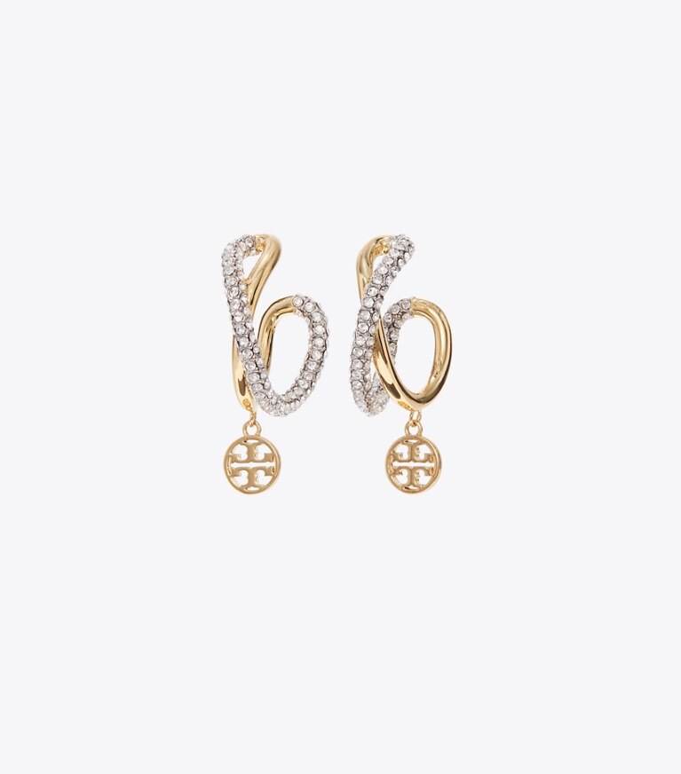 Tory Burch diseñador pendientes Aros tipo argolla cruzados Icon en Light Silver / Light Brass / Crystal frente