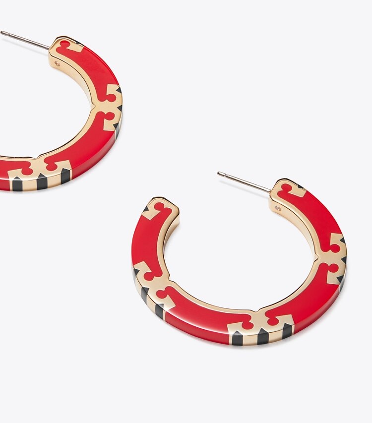 Tory Burch diseñador aretes Aros tipo argolla esmaltada Icon en Tory Gold / Red / Navy detalle