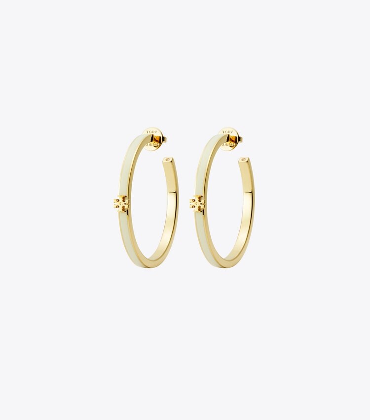 Tory Burch diseñador aretes Aros tipo argolla esmaltada Icon en Tory Gold / New Ivory frente