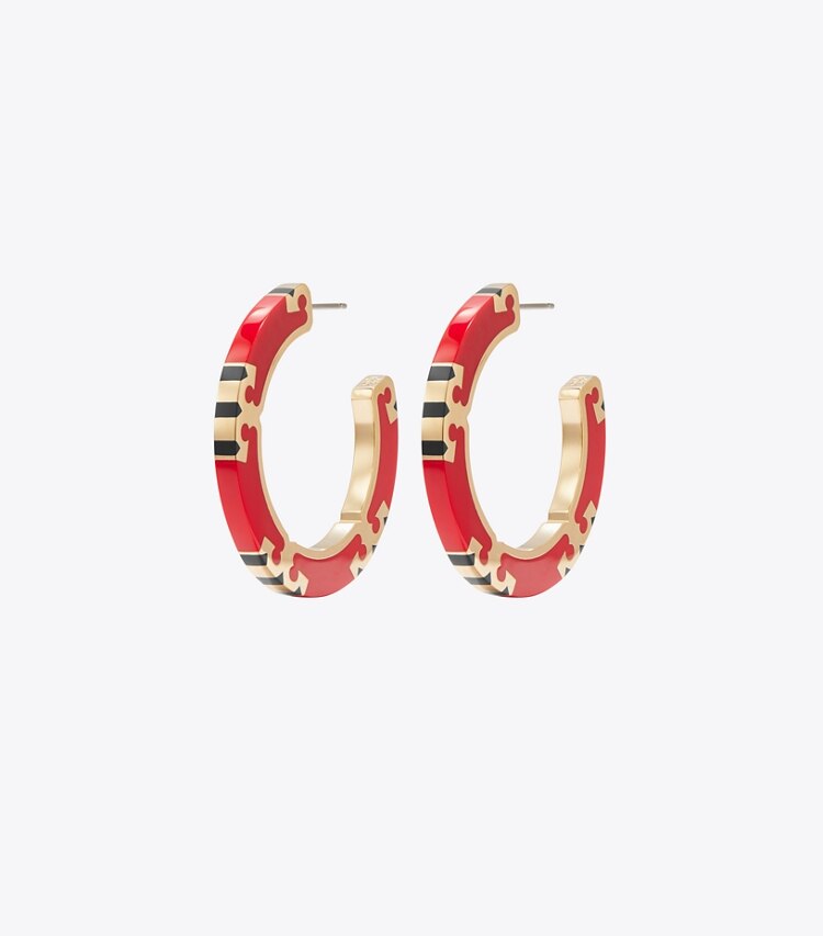 Tory Burch diseñador aretes Aros tipo argolla esmaltada Icon en Tory Gold / Red / Navy frente