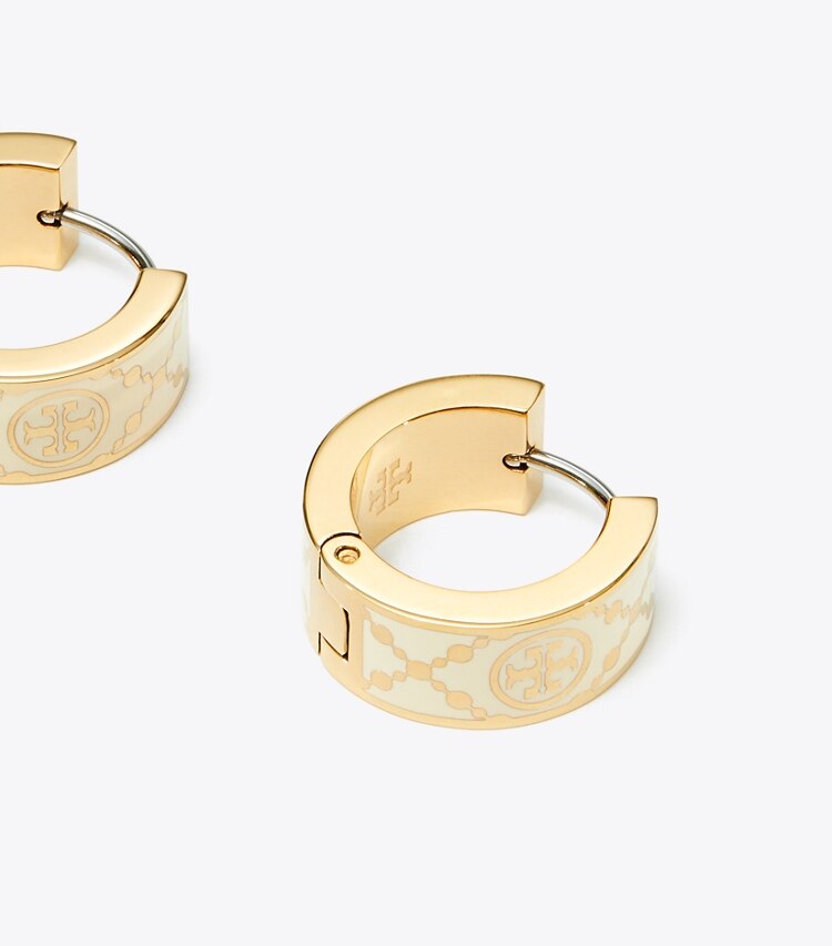 Tory Burch diseñador aretes Aros tipo argolla pequeños Icon con monograma T en Tory Gold / New Ivory detalle