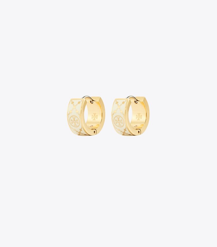 Tory Burch diseñador aretes Aros tipo argolla pequeños Icon con monograma T en Tory Gold / New Ivory frente