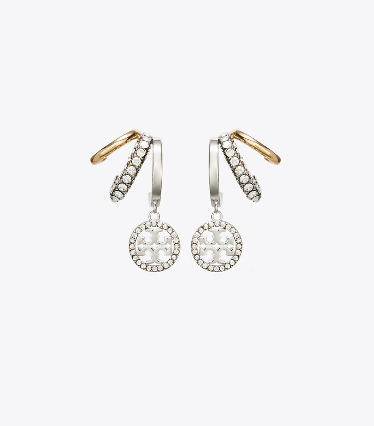 Tory Burch diseñador aretes Aros tipo argolla triple con pavé Icon en Tory Gold / Tory Silver / Crystal detalle