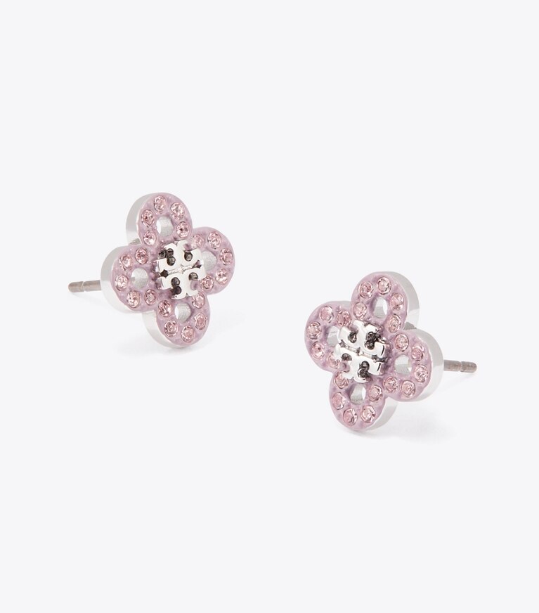 Tory Burch diseñador aretes Aros tipo botón con trébol Forget Me Not en Tory Silver / Pink detalle