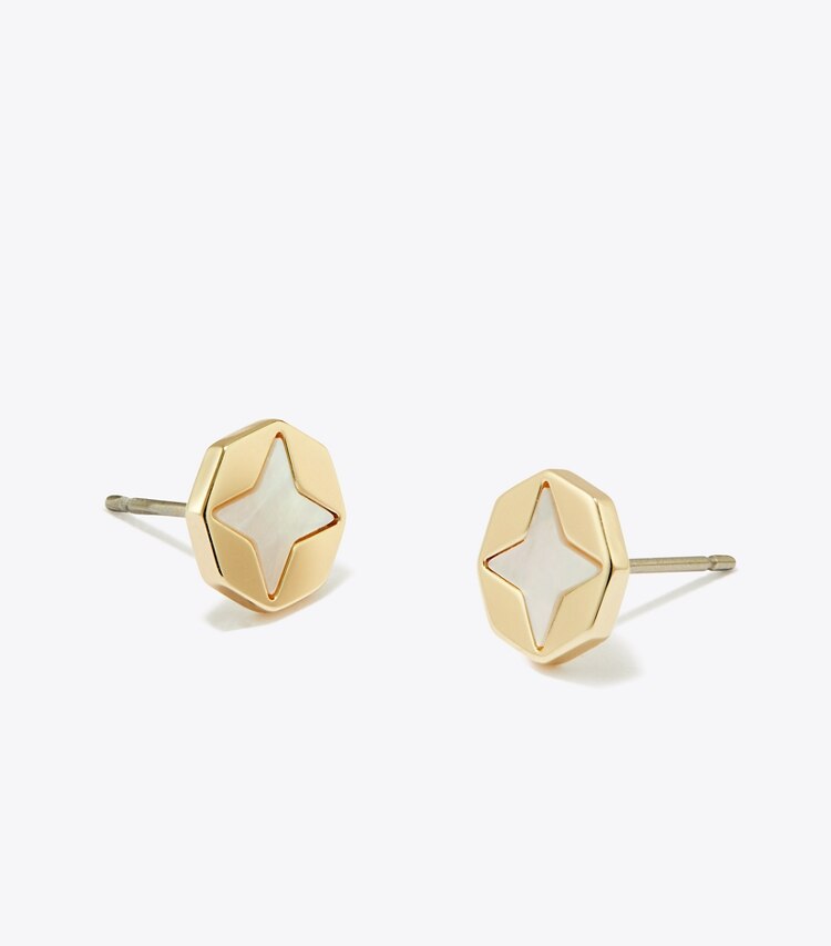 Tory Burch diseñador aretes Aros tipo botón Forget Me Not en Tory Gold / Mother of Pearl detalle