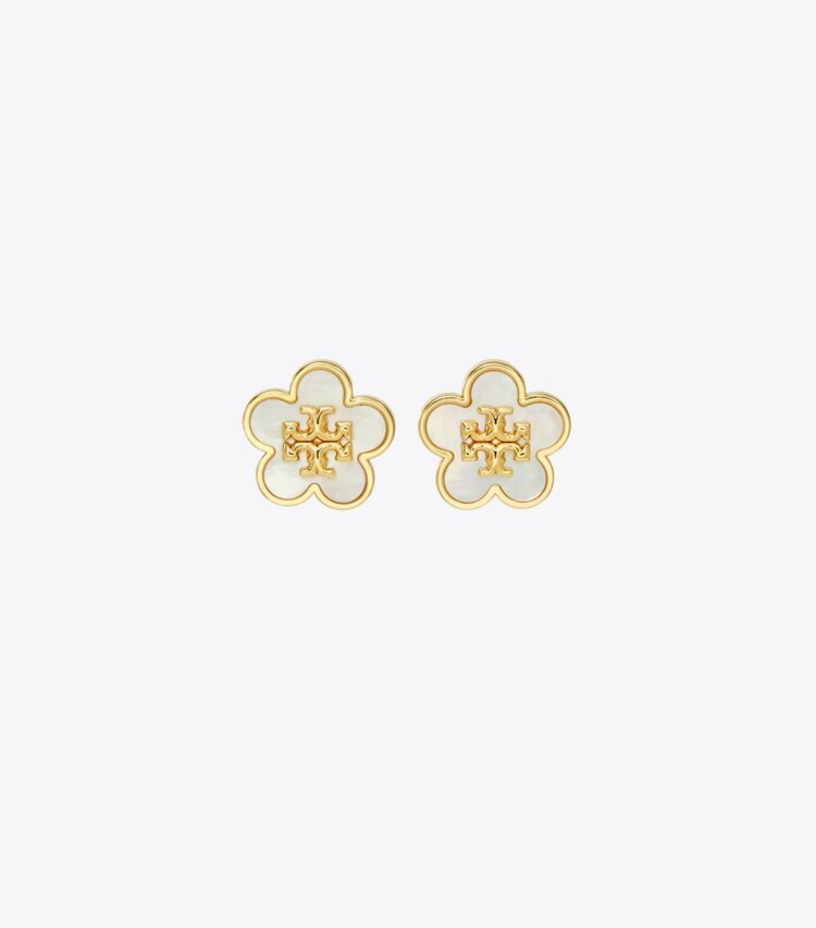 Tory Burch diseñador aretes Aros tipo botón Forget Me Not en Tory Gold / Mother of Pearl frente