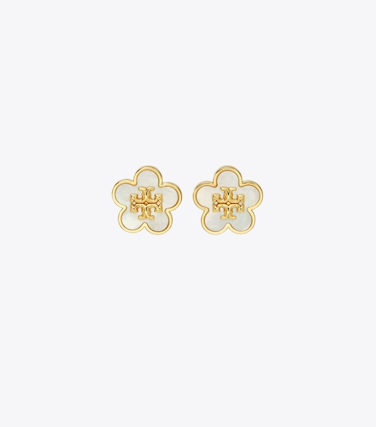 Tory Burch diseñador aretes Aros tipo botón Forget Me Not en Tory Gold / Mother of Pearl frente