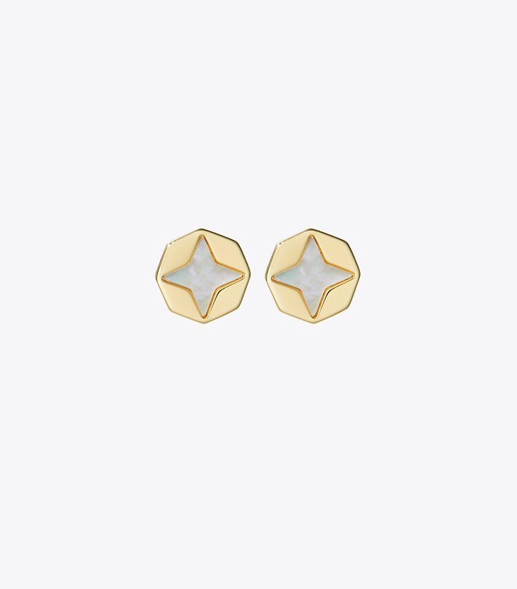 Tory Burch diseñador aretes Aros tipo botón Forget Me Not en Tory Gold / Mother of Pearl frente