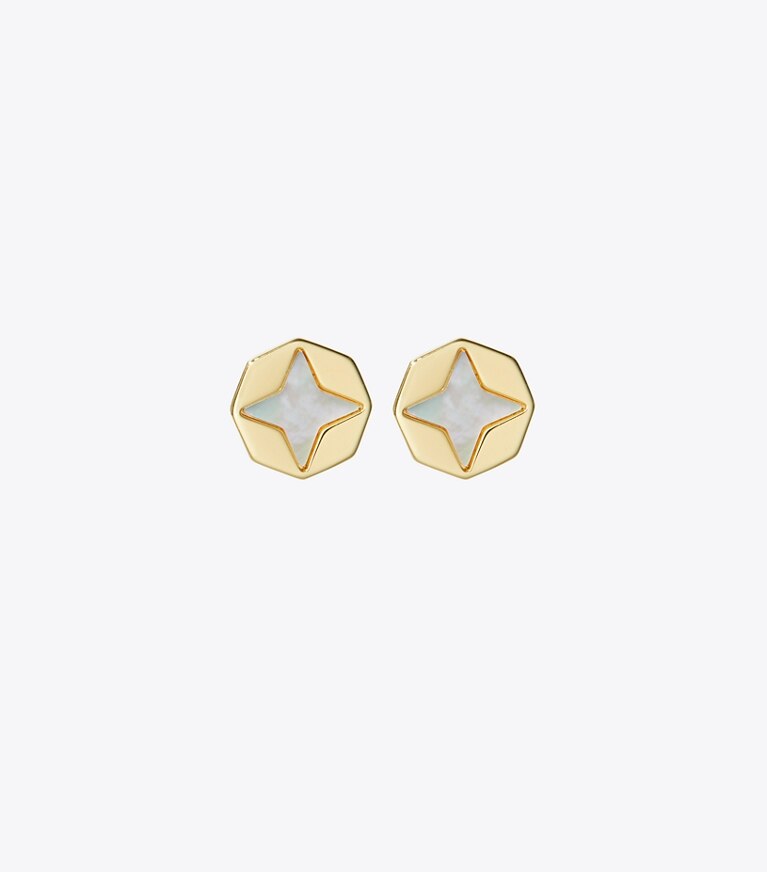 Tory Burch diseñador aretes Aros tipo botón Forget Me Not en Tory Gold / Mother of Pearl frente