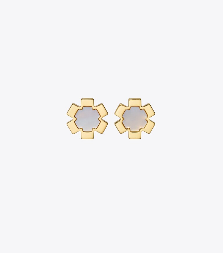 Tory Burch diseñador aretes Aros tipo botón Forget Me Not en Tory Gold / Mother of Pearl frente