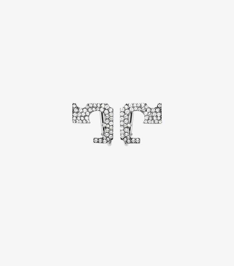 Tory Burch diseñador aretes Aros tipo clip Runway Pavé Serif T en Tory Silver / Crystal frente