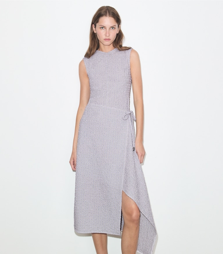 Tory Burch designer dresses Asymmetric Cotton Wrap Dress in White / Pink on model detail