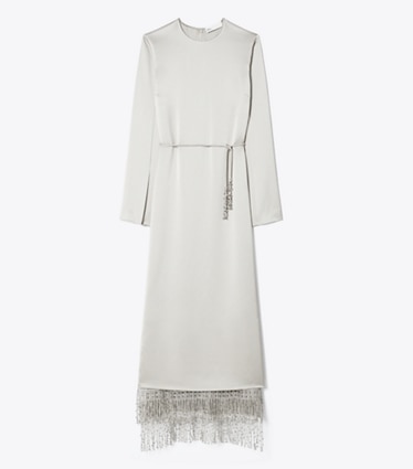 Tory Burch designer dresses Asymmetric Crepe Dress in Silver front