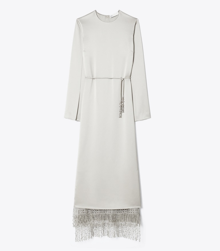 Tory Burch designer dresses Asymmetric Crepe Dress in Silver front