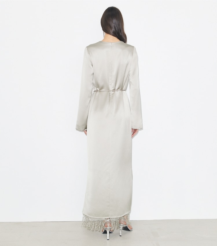 Tory Burch designer dresses Asymmetric Crepe Dress in Silver on model back