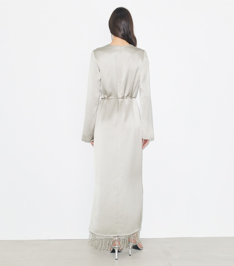 Tory Burch designer dresses Asymmetric Crepe Dress in Silver front