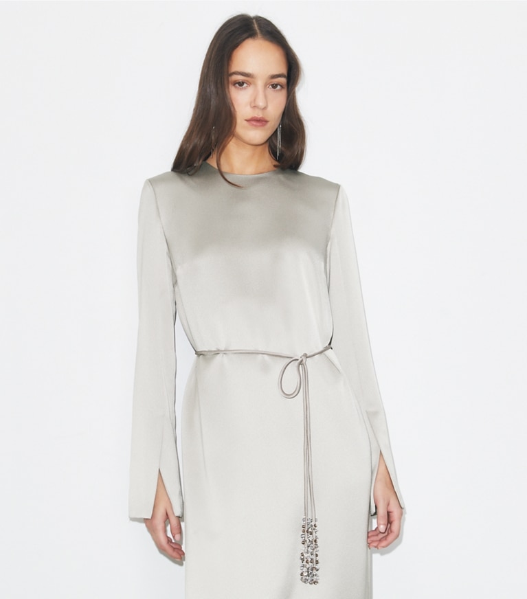 Tory Burch designer dresses Asymmetric Crepe Dress in Silver front