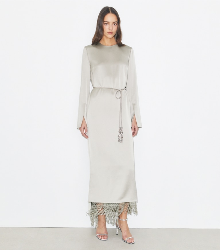 Tory Burch designer dresses Asymmetric Crepe Dress in Silver front