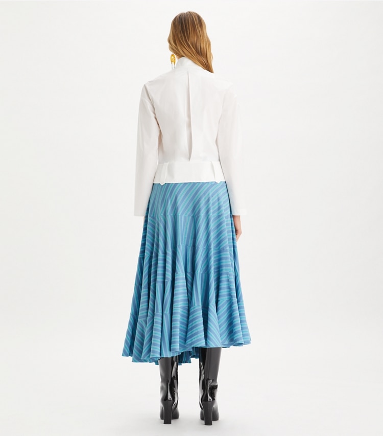 Tory Burch designer bottoms Asymmetric Jersey Skirt in Blue Multi Striped Luxe Mercerized on model back