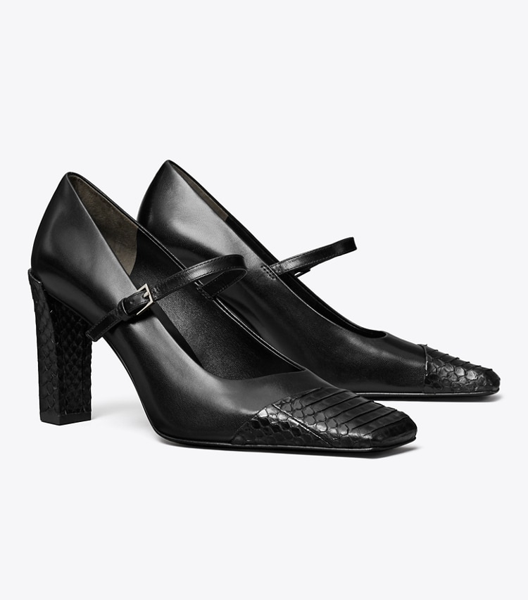Tory Burch designer heels Asymmetric Mary Jane Pump in PERFECT BLACK / PERFECT BLACK angle