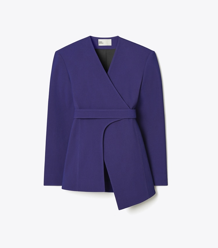 Tory Burch designer jackets Asymmetrical Piqué Wrap Jacket in Ballpoint Blue front
