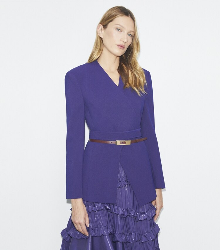 Tory Burch designer jackets Asymmetrical Piqué Wrap Jacket in Ballpoint Blue on model detail