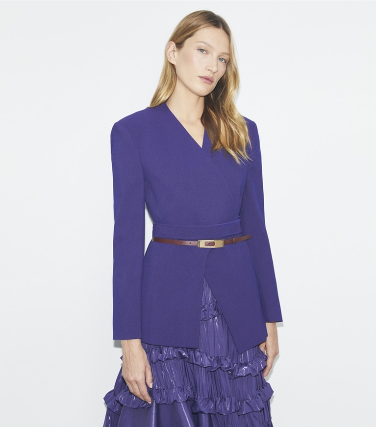 Tory Burch designer jackets Asymmetrical Piqué Wrap Jacket in Ballpoint Blue front