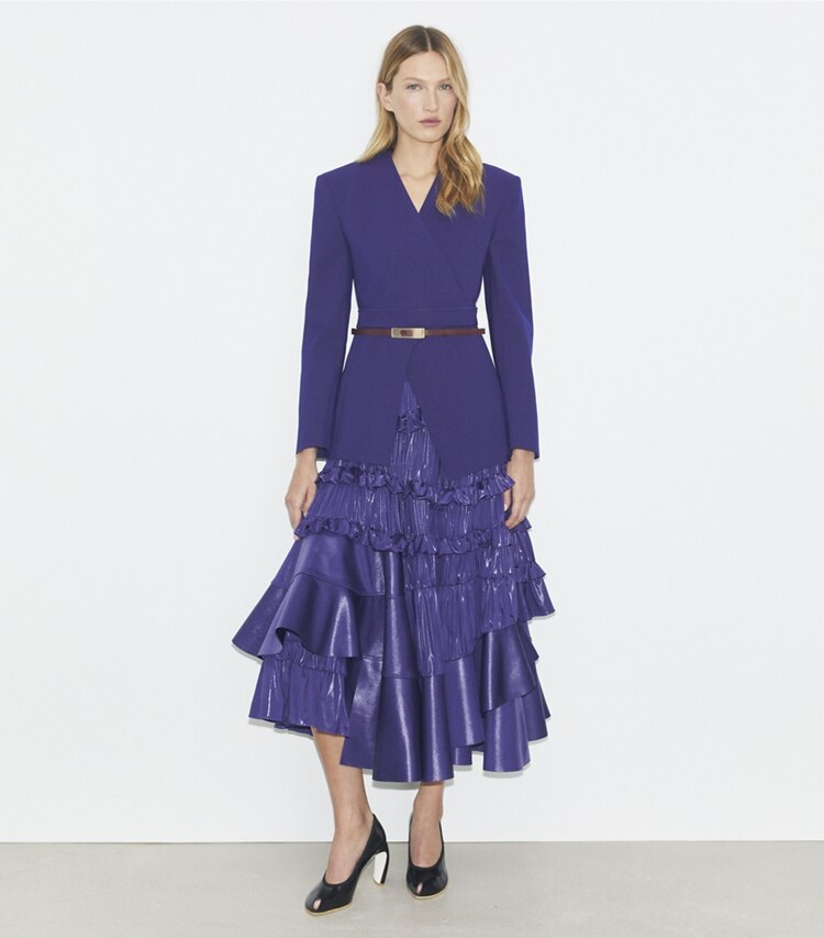 Tory Burch designer jackets Asymmetrical Piqué Wrap Jacket in Ballpoint Blue on model front