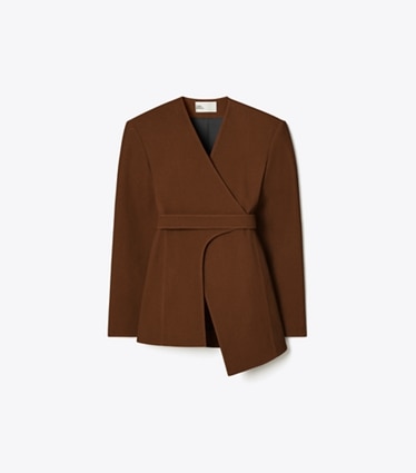 Tory Burch designer jackets Asymmetrical Pique Wrap Jacket in Spiced Mocha front