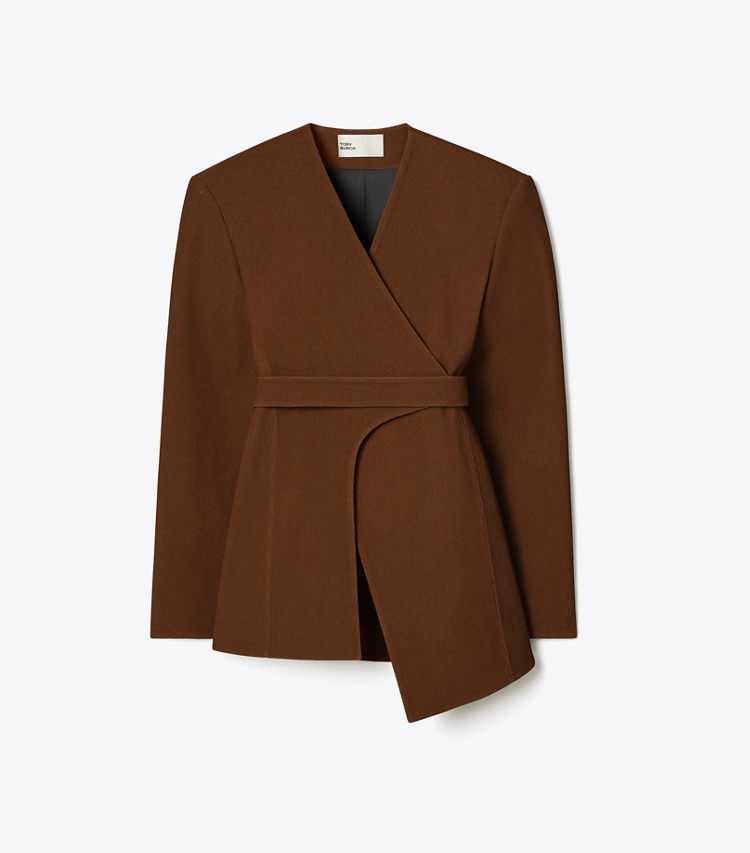 Tory Burch designer jackets Asymmetrical Pique Wrap Jacket in Spiced Mocha front
