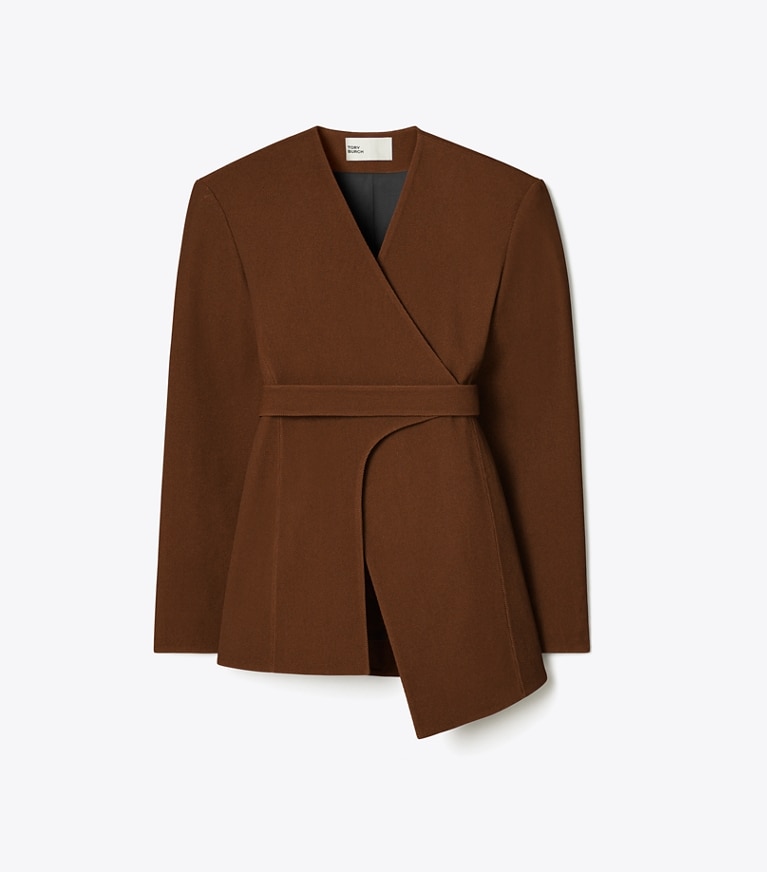 Tory Burch designer jackets Asymmetrical Pique Wrap Jacket in Spiced Mocha front