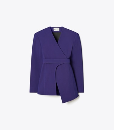 Tory Burch designer jackets Asymmetrical Pique Wrap Jacket in Ballpoint Blue front