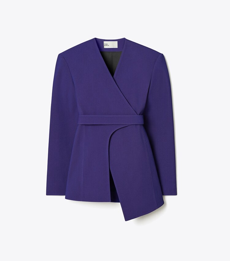 Tory Burch designer jackets Asymmetrical Pique Wrap Jacket in Ballpoint Blue front