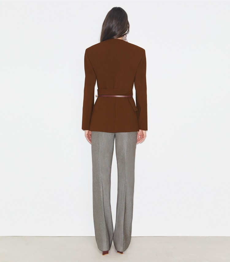 Tory Burch designer jackets Asymmetrical Pique Wrap Jacket in Spiced Mocha on model back