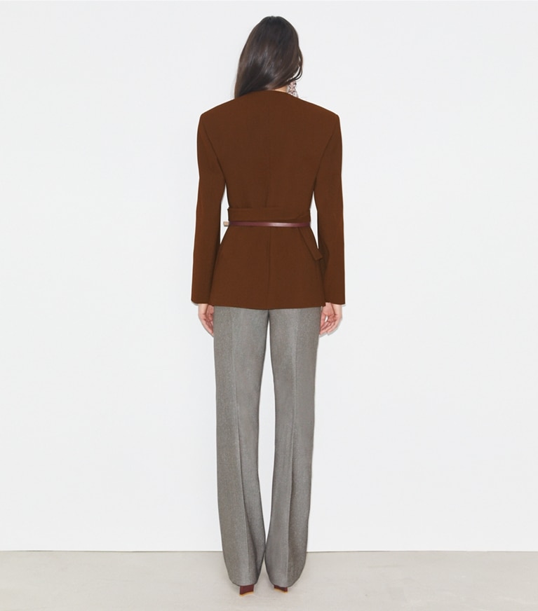 Tory Burch designer jackets Asymmetrical Pique Wrap Jacket in Spiced Mocha front