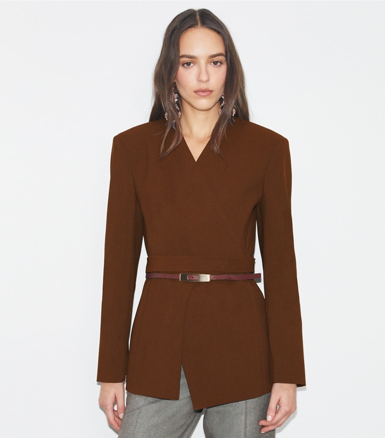 Tory Burch designer jackets Asymmetrical Pique Wrap Jacket in Spiced Mocha front