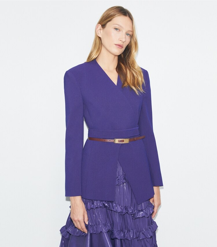 Tory Burch designer jackets Asymmetrical Pique Wrap Jacket in Ballpoint Blue on model detail