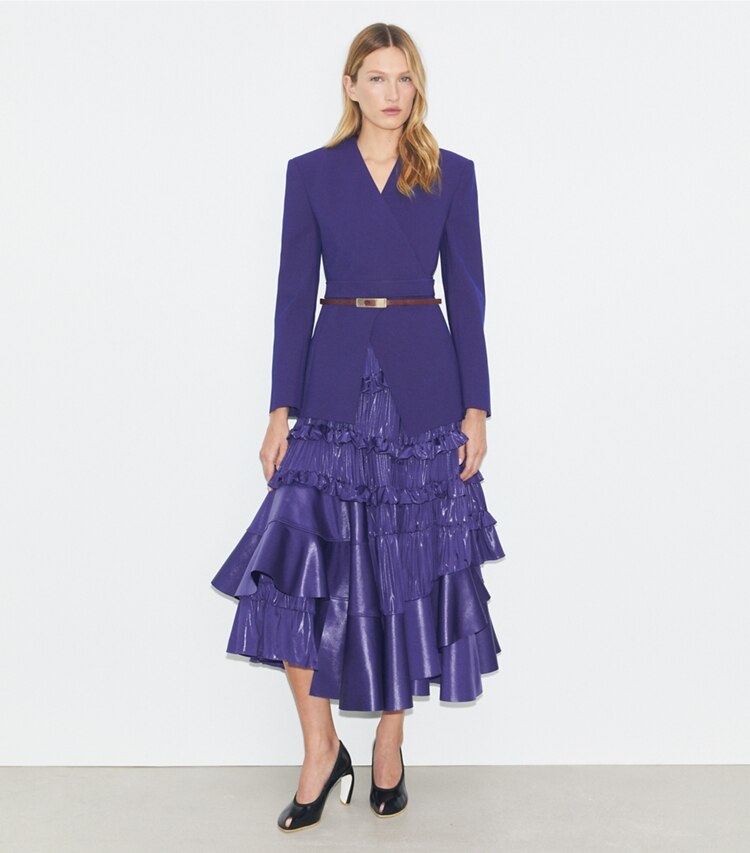 Tory Burch designer jackets Asymmetrical Pique Wrap Jacket in Ballpoint Blue on model front