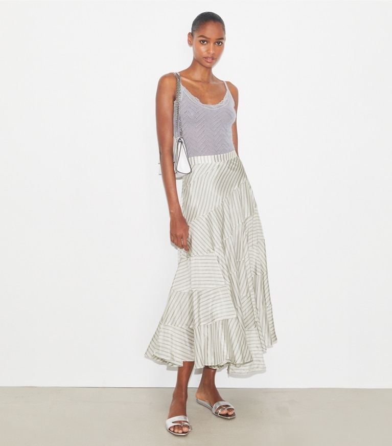 Tory Burch designer bottoms Asymmetrical Viscose Skirt in White/Gray/Black Helios Striped Lining front