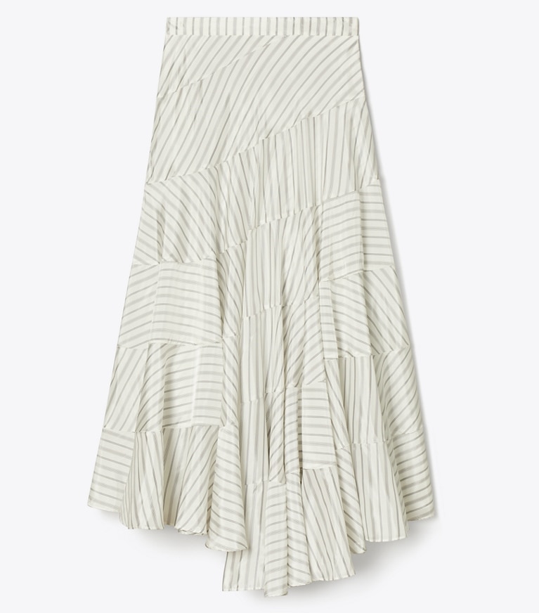 Tory Burch designer bottoms Asymmetrical Viscose Skirt in White/Gray/Black Helios Striped Lining front