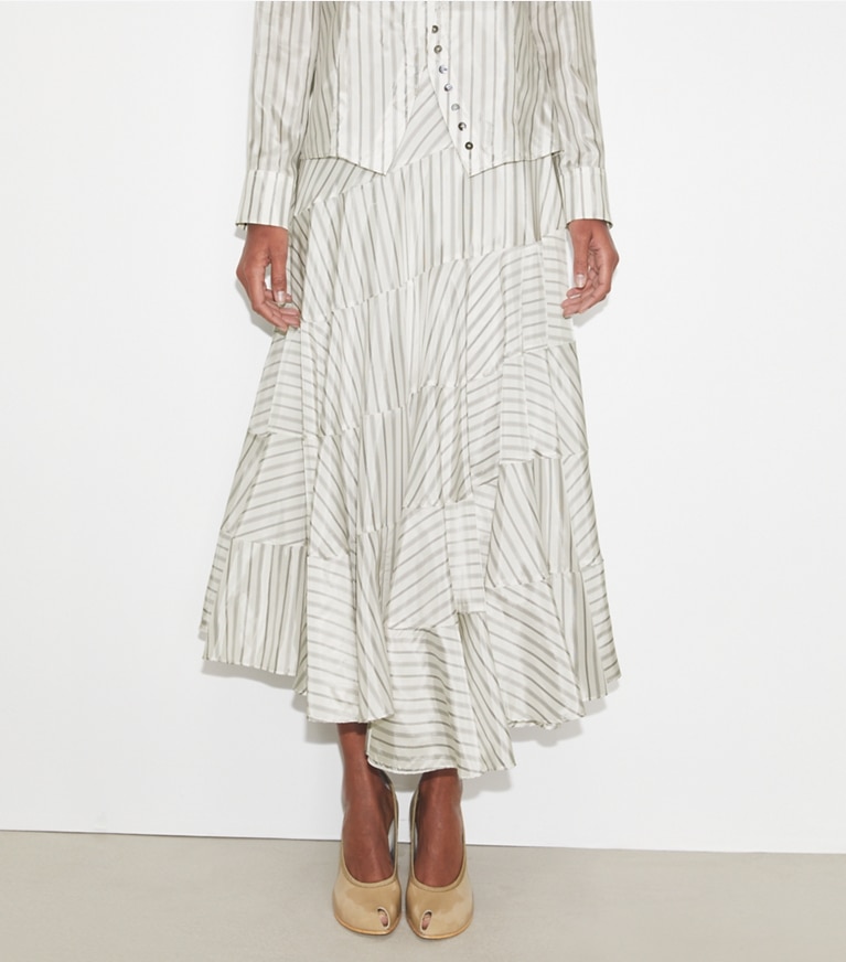 Tory Burch designer bottoms Asymmetrical Viscose Skirt in White/Gray/Black Helios Striped Lining front